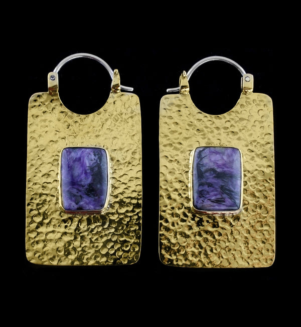 14G Obverse Charoite Stone Brass Hangers / Earrings