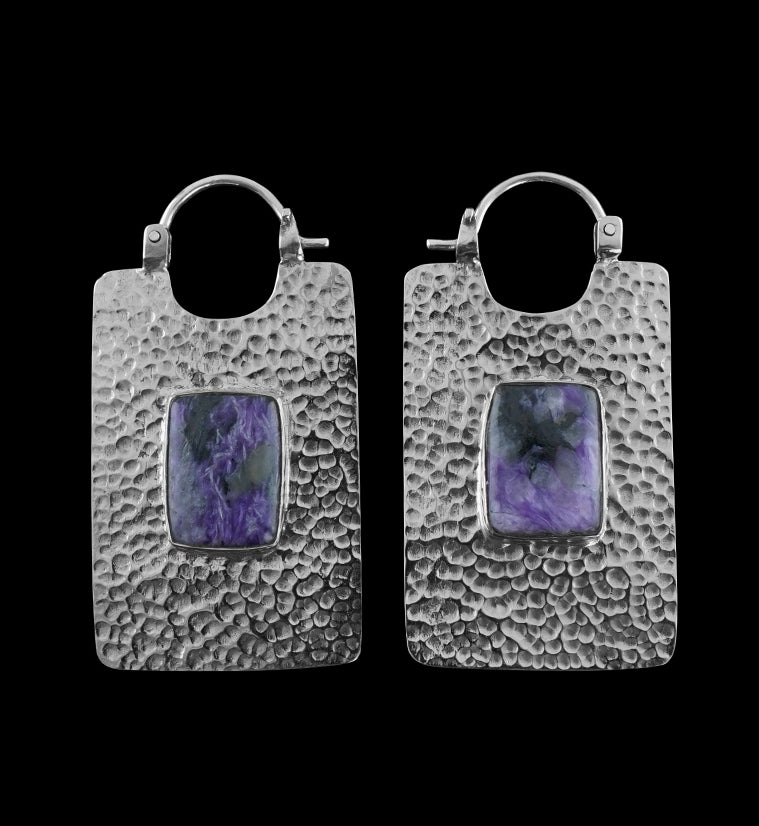 14G Obverse Charoite Stone White Brass Hangers / Earrings