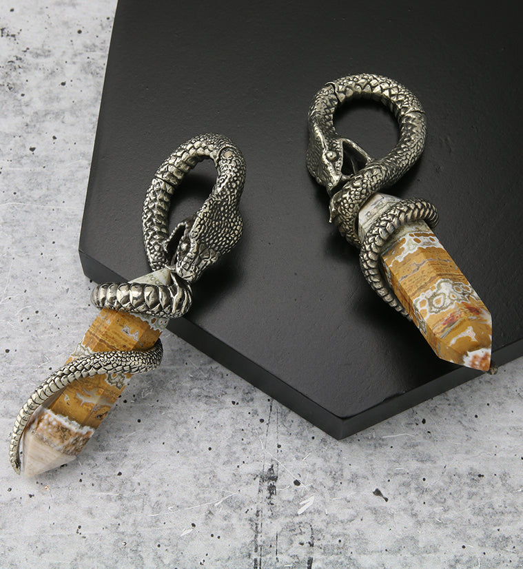 Ocean Jasper Stone Cobra White Brass Hinged Ear Weights