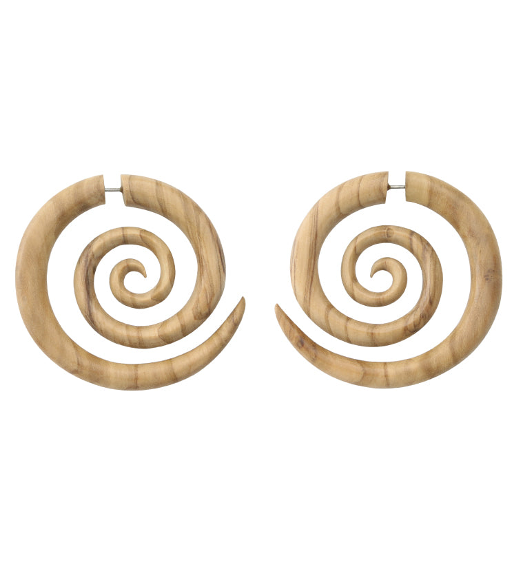 Olive Wood Fake Gauge Spiral Earrings