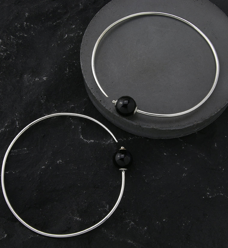 Onyx Stone Ball White Brass Plug Hoops