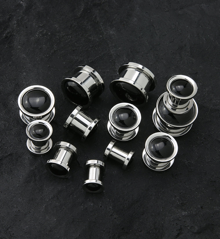 Onyx Stone Stainless Steel Screw Back Tunnel Plugs