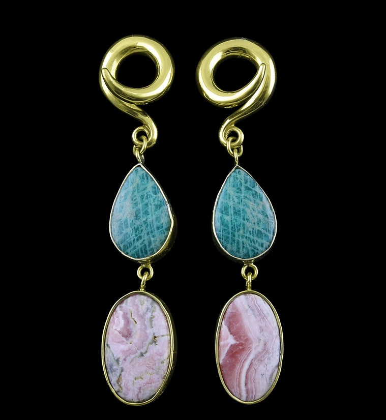 Oval & Teardrop Amazonite / Rhodochrosite Stone Ear Weights
