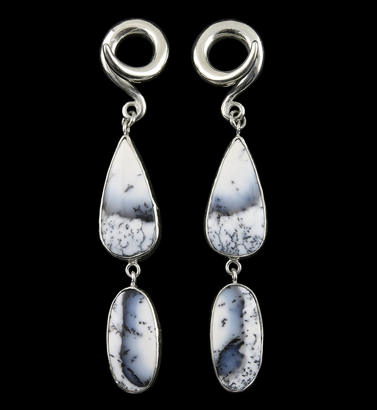 Double Teardrop Oval Dendritic Opal Stone Ear Weights