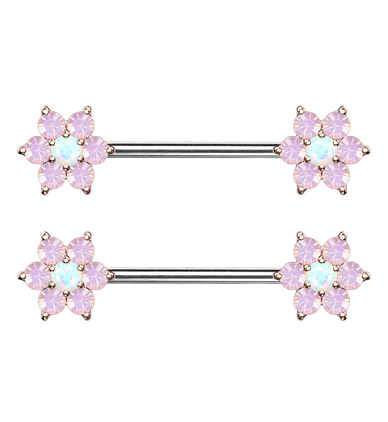 14G White & Pink Opalite Flower Nipple Ring Barbell