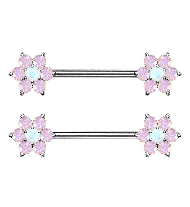 14G White & Pink Opalite Flower Nipple Ring Barbell