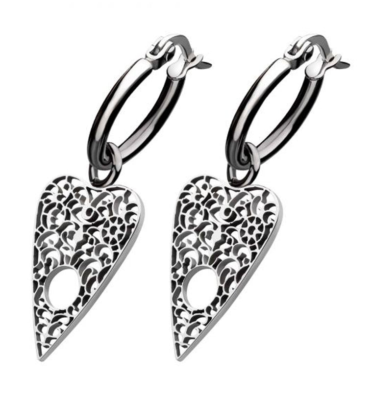 Ornate Planchette Stainless Steel Hoop Earrings