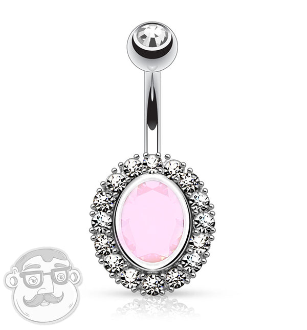 Pink Oval CZ Rim Single CZ Belly Button Ring