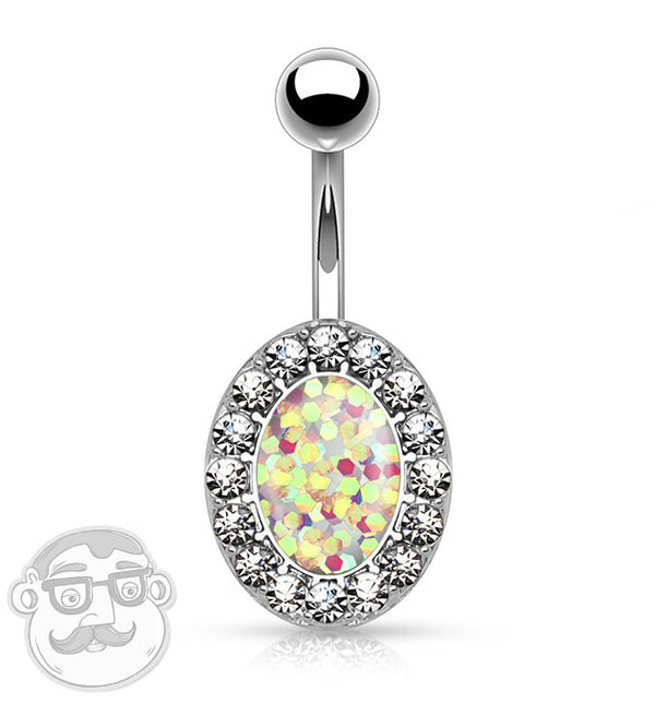 Oval CZ White Opalite Belly Button Ring