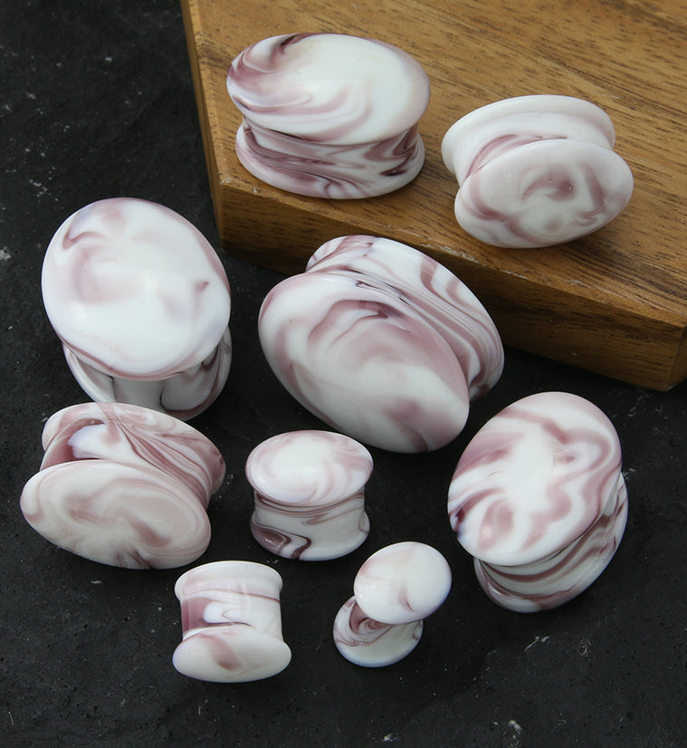 Oval Hazy Purple White Glass Double Flare Plugs