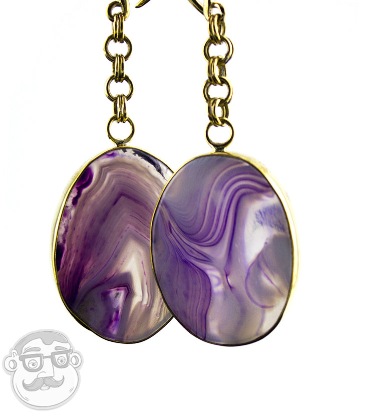 Oval Purple Line Agate Stone Brass Hangers
