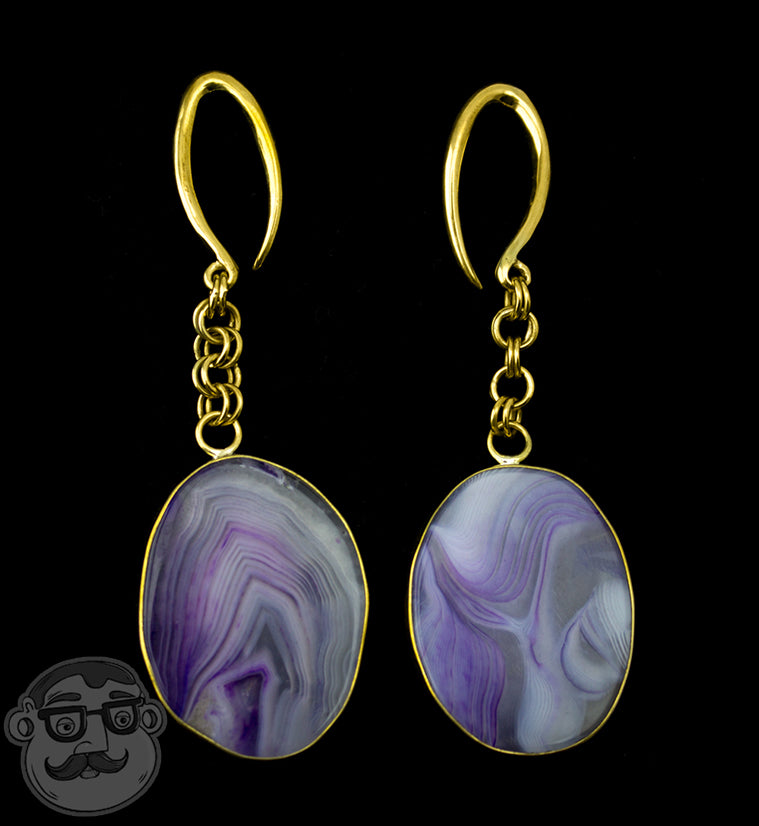 Oval Purple Line Agate Stone Brass Hangers