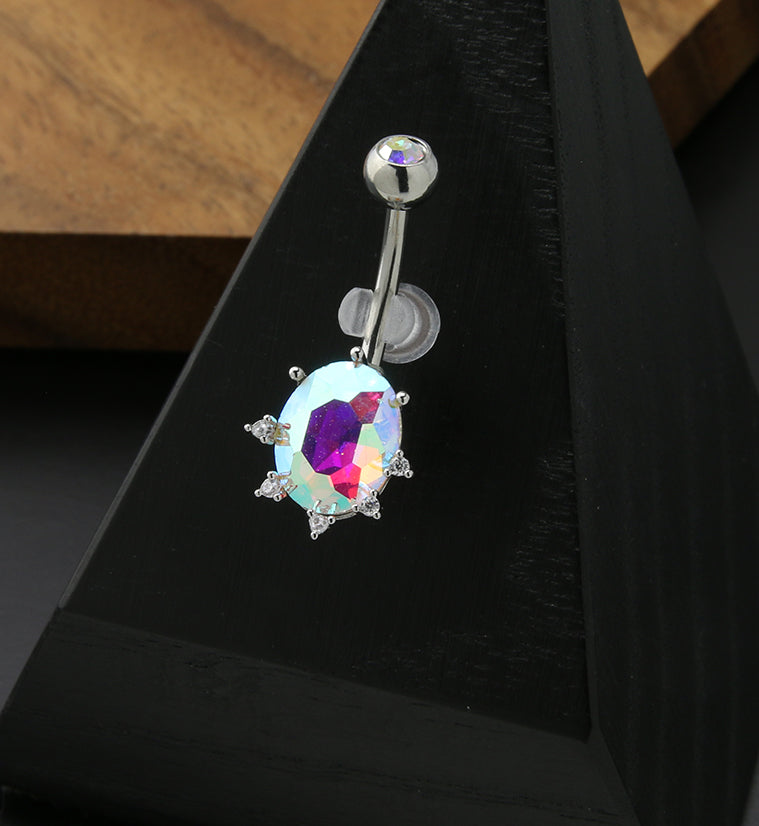 Oval Rainbow Aurora CZ Stainless Steel Belly Button Ring