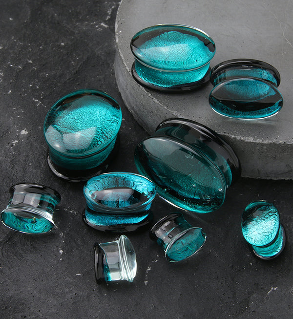 Oval Teal Dichroic Glass Double Flare Plugs