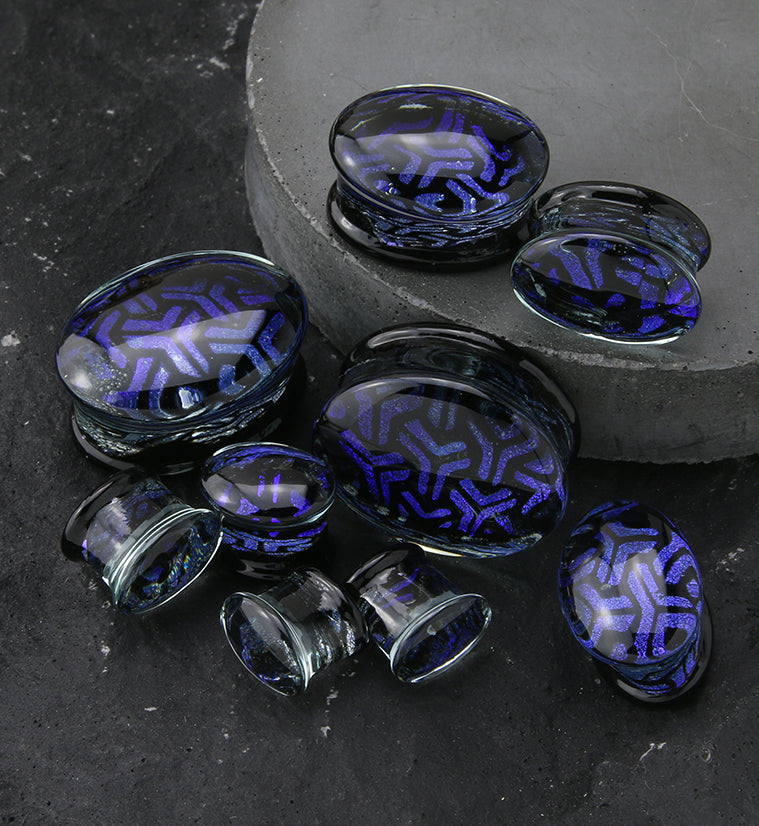 Oval Y Pattern Blurple Dichroic Glass Double Flare Plugs