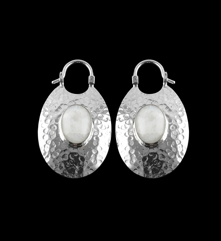 Oviform Hammered Silver Moonstone Hangers / Earrings