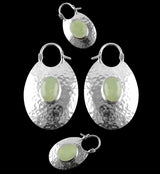 Oviform Hammered Silver Prehnite Stone Hangers / Earrings