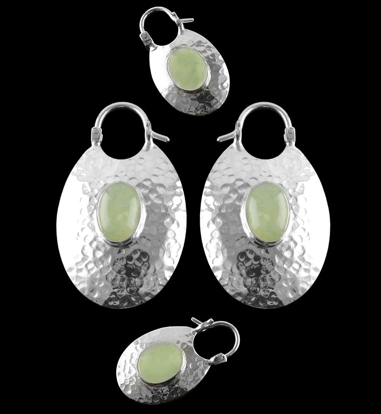 Oviform Hammered Silver Prehnite Stone Hangers / Earrings