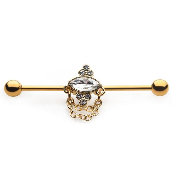 Gold PVD Ovoid Gem Chained Industrial Barbell