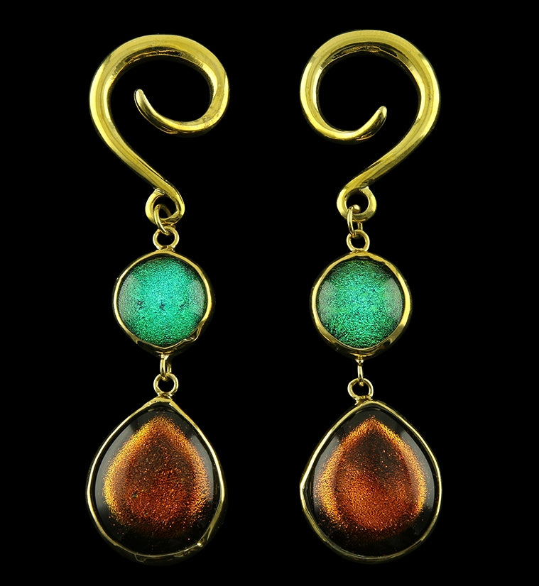 Retro Double Teardrop Dichroic Glass Brass Ear Weights