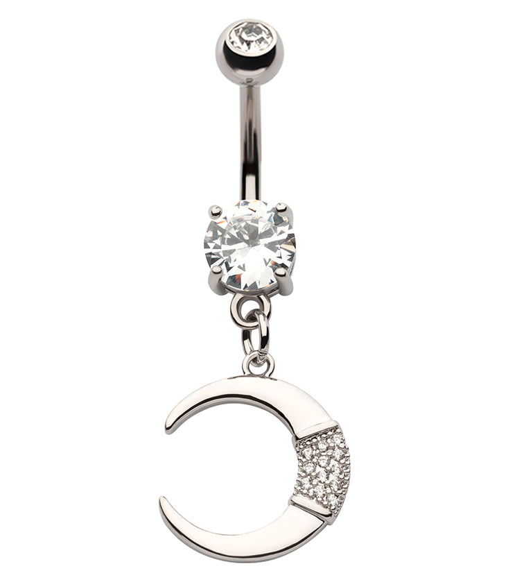 Pave CZ Crescent Moon Dangle Stainless Steel Belly Button Ring