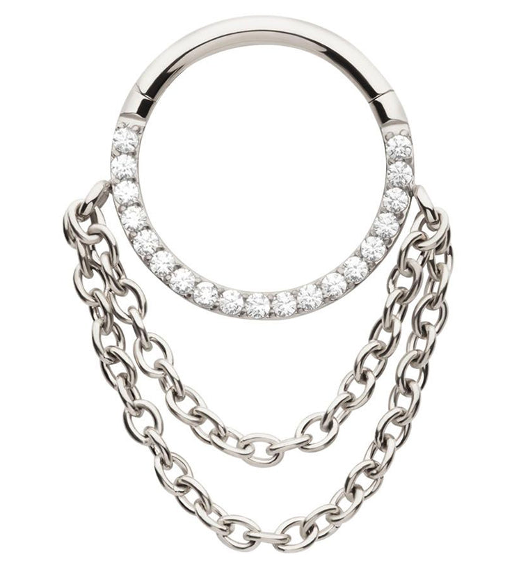 Pave CZ Double Dangle Chain Stainless Steel Hinged Segment Ring