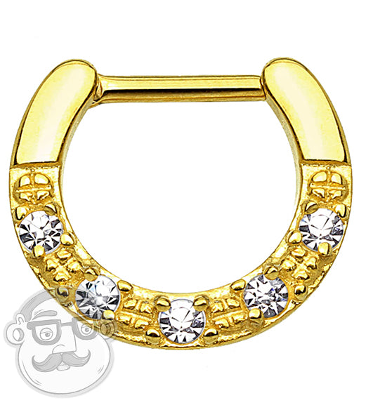 16G Paved Cubic Zirconia IP Gold Stainless Steel Septum Clicker