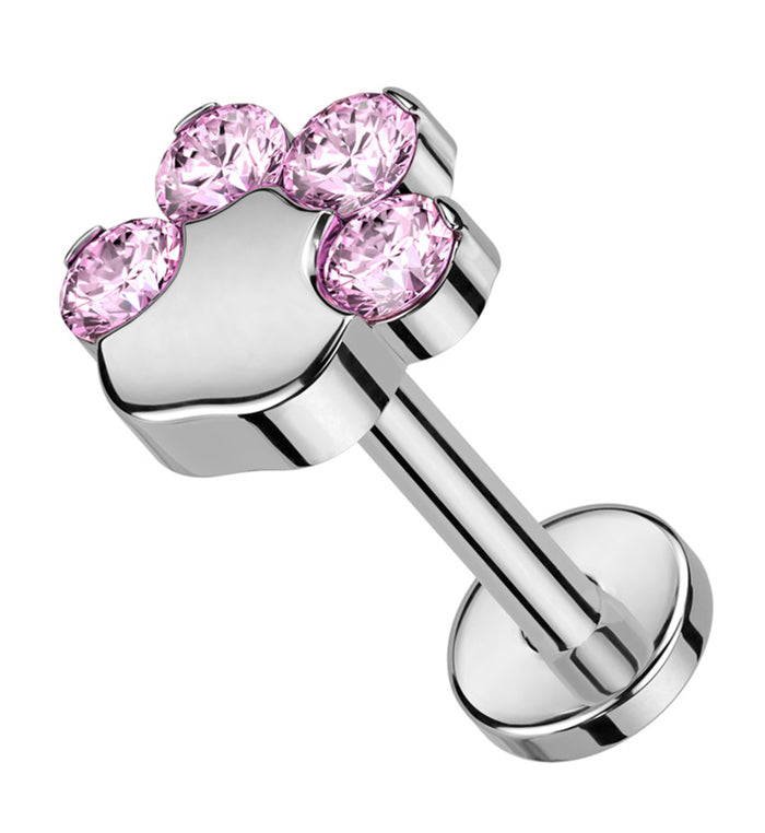 Paw Print Pink CZ Titanium Threadless Labret