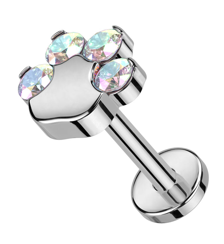 Paw Print Rainbow Aurora CZ Titanium Threadless Labret