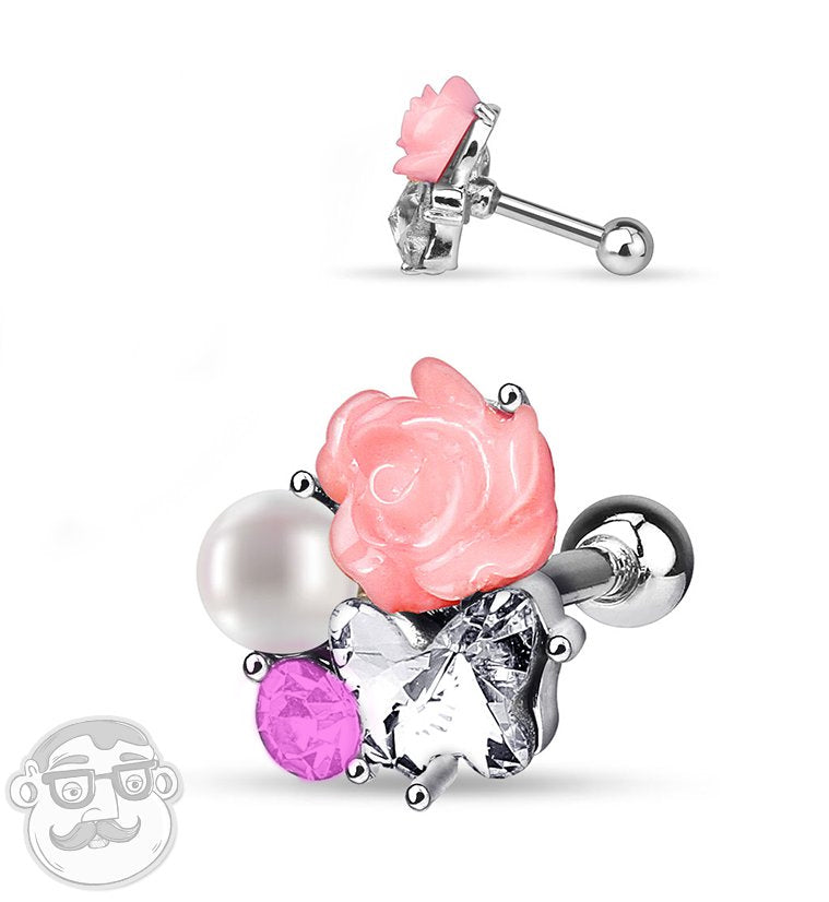 Pink Rose & Pearl Steel Tragus / Cartilage Barbell