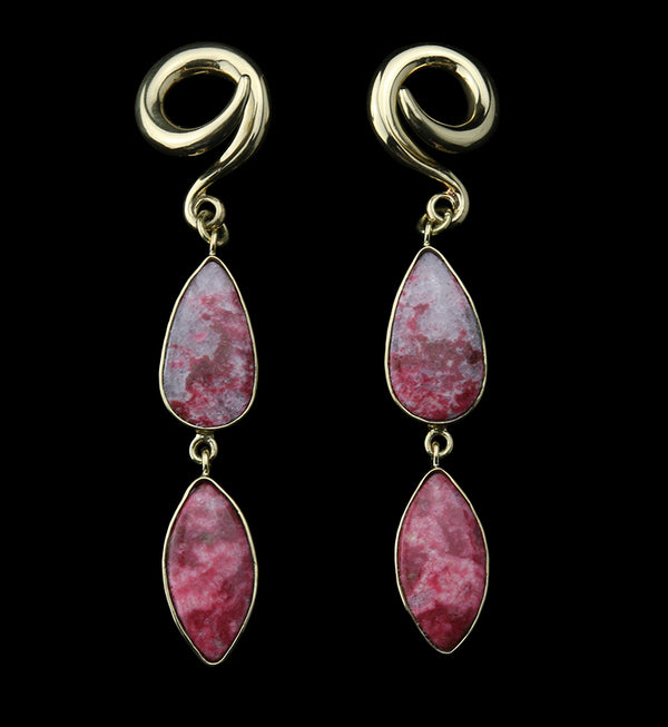 Double Pink Agate Stone Brass Ear Weights Version 1