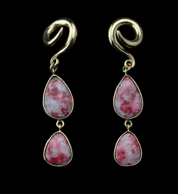 Double Pink Agate Stone Brass Ear Weights Version 2