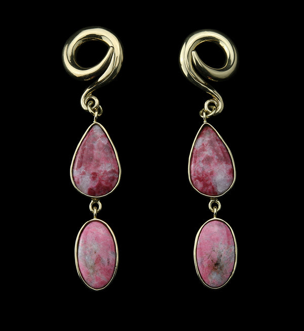 Double Pink Agate Stone Brass Ear Weights Version 3