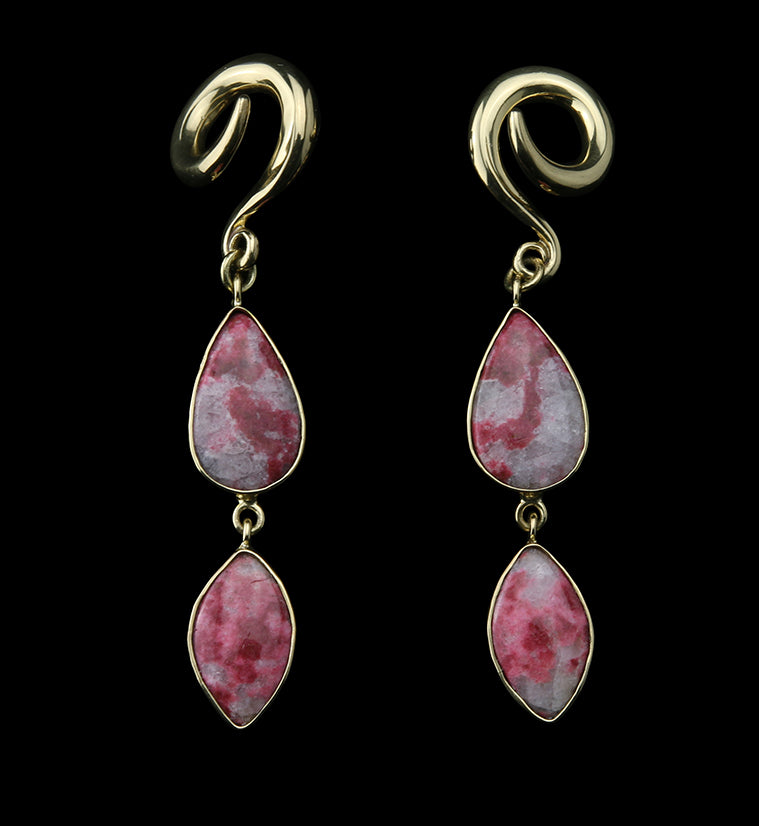 Double Pink Agate Stone Brass Ear Weights Version 4