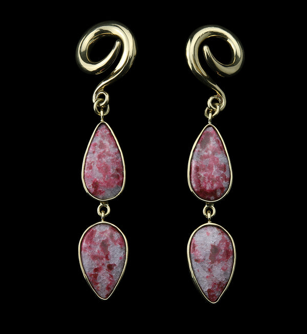 Double Pink Agate Stone Brass Ear Weights Version 5