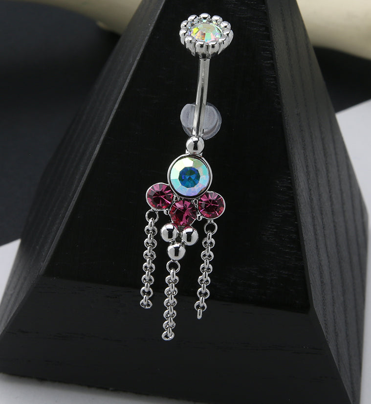 Pink and Rainbow Aurora CZ Array Dangle Chain Belly Button Ring