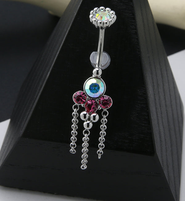 Pink and Rainbow Aurora CZ Array Dangle Chain Belly Button Ring