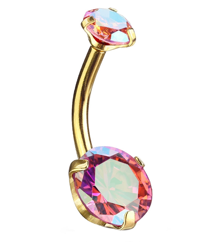 Pink Aurora CZ Gold PVD Belly Button Ring
