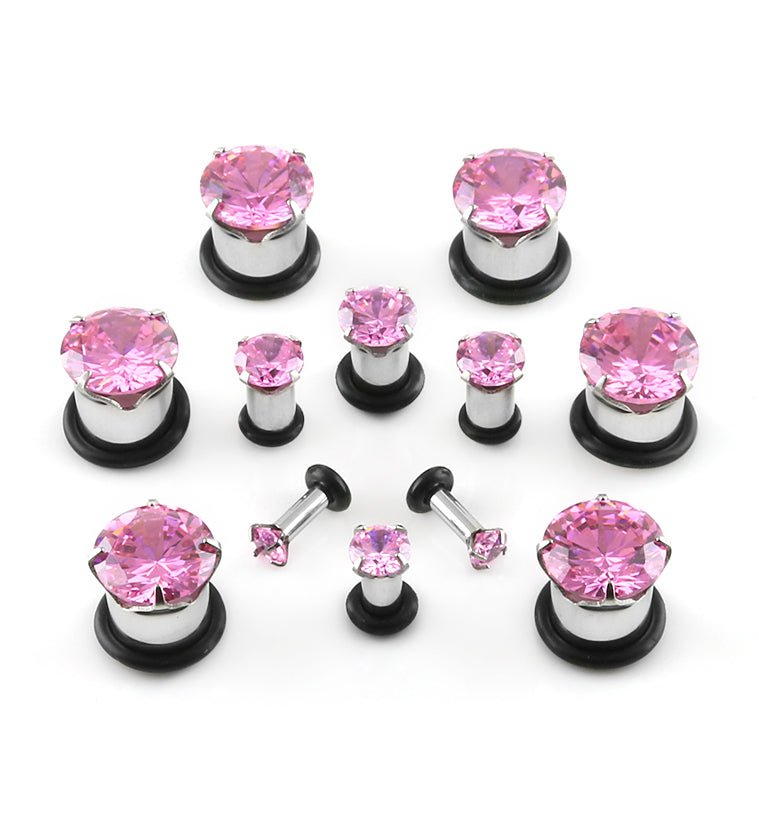 Pink Bling CZ Diamond Steel Single Flare Plugs