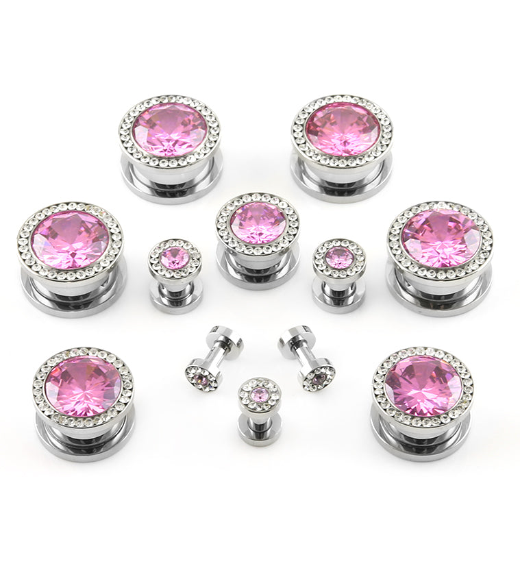 Pink & Clear CZ Diamond Stainless Steel Plugs