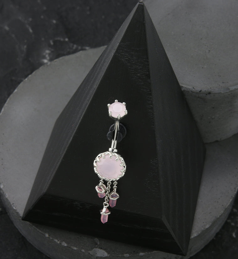 Pink Crystal Gem Catcher Dangle Belly Navel Barbell Button Bar Ring