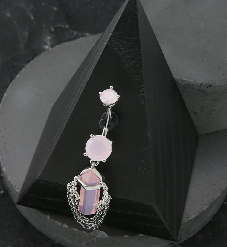 Pink Crystal Multi Dangle Chain Stainless Steel Belly Button Ring