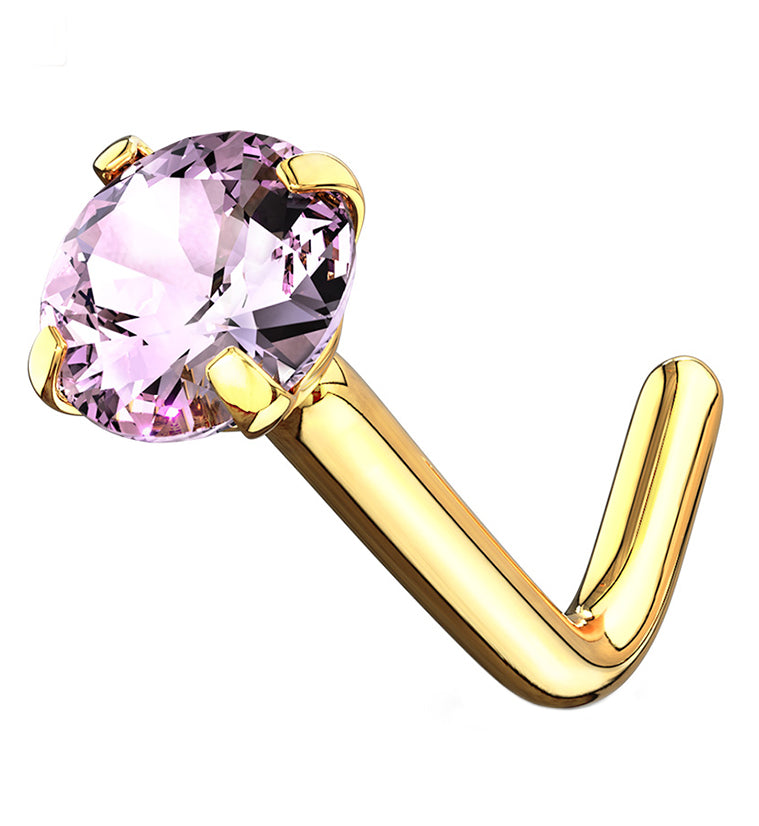 20G 14kt Gold L Bend Pink CZ Top Nose Ring
