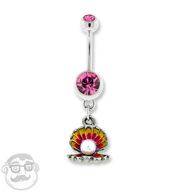 Pink CZ Clam & Pearl Belly Button Ring