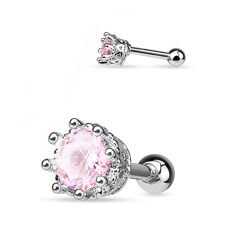 Pink CZ Crest Steel Tragus / Cartilage Barbell