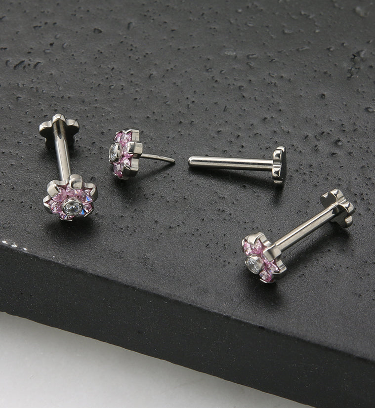 Pink CZ Flower Titanium Threadless Labret