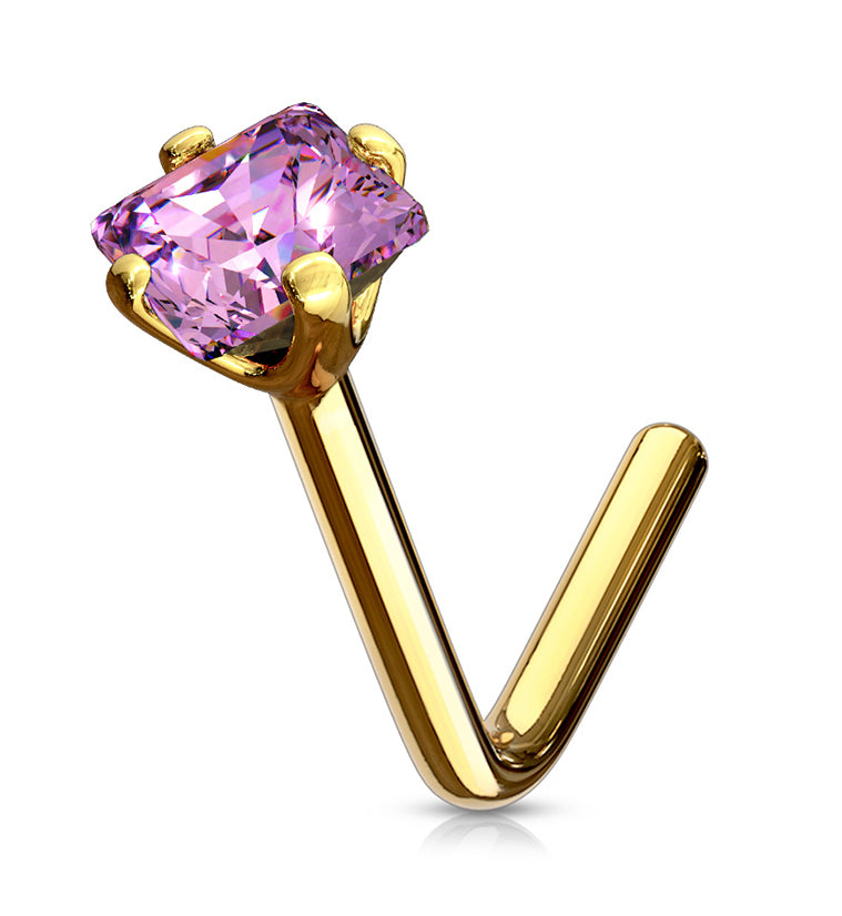 20G Pink Square CZ 14kt Gold L Shaped Nose Ring