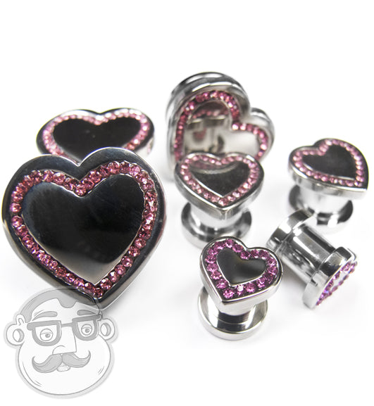 Heart Front Steel Plugs With Pink CZ Gem Stones