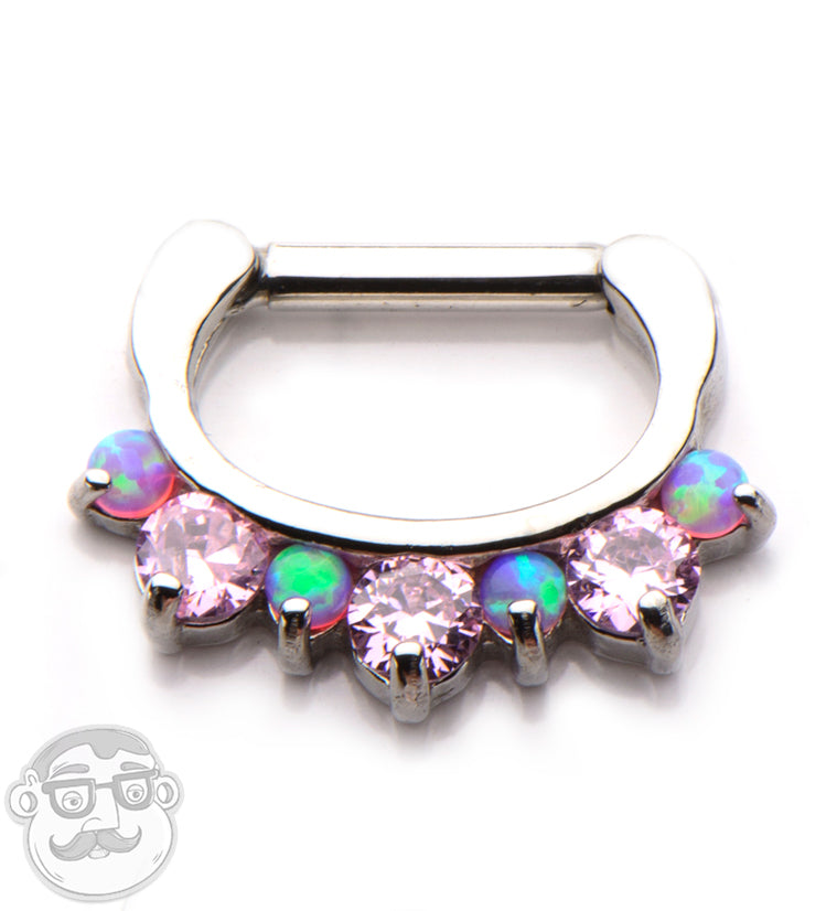 14G Opalite & Pink CZ Stainless Steel Septum Clicker