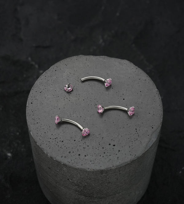 Pink CZ Prong Set Stainless Steel Curved Barbell